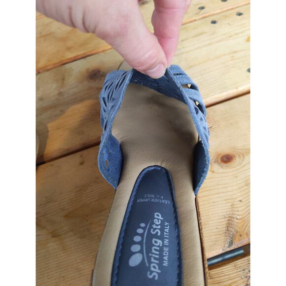 Spring Step Italian Leather Wedge Sandals Size 39/8.5 Blue Floral Cutout Cork - Picture 8 of 9